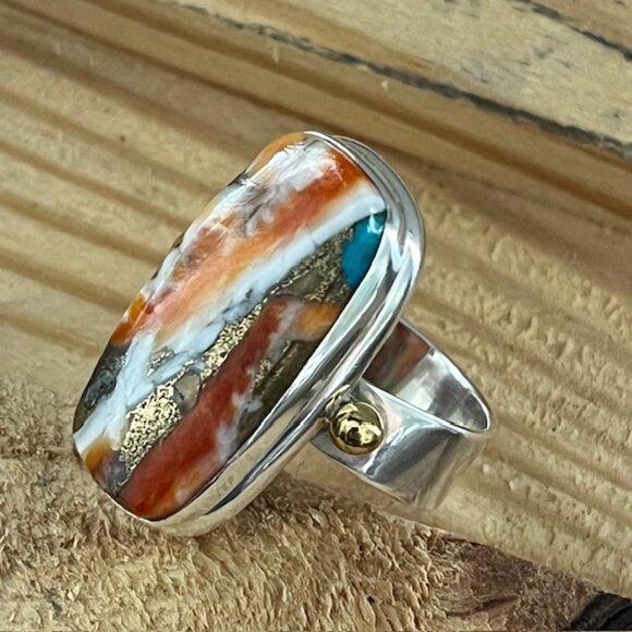 Sterling Silver 925 Brass Ring Oyster Copper Turquoise Modern Chunky Size 8 - Picture 3 of 7